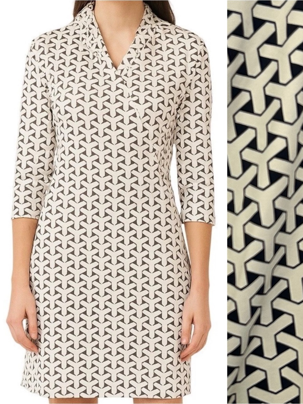 J.McLaughlin Catalina Cloth Black Ivory Geometric Ogee Print 3/4 Sleeve Dress XL